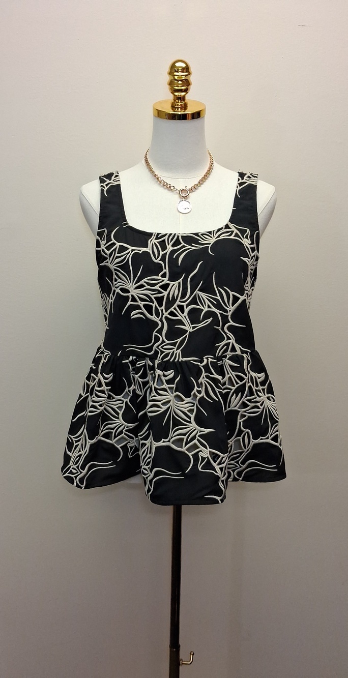 H&M Black White Floral Square Neck Peplum Tank Top Size Small